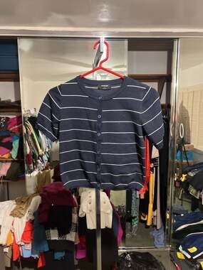 The Work Shop Women's Navy Blue Striped Short Sleeve Button-Up Cardigan Sweater